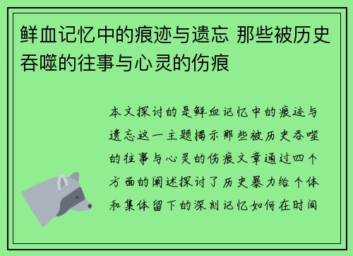 鲜血记忆中的痕迹与遗忘 那些被历史吞噬的往事与心灵的伤痕